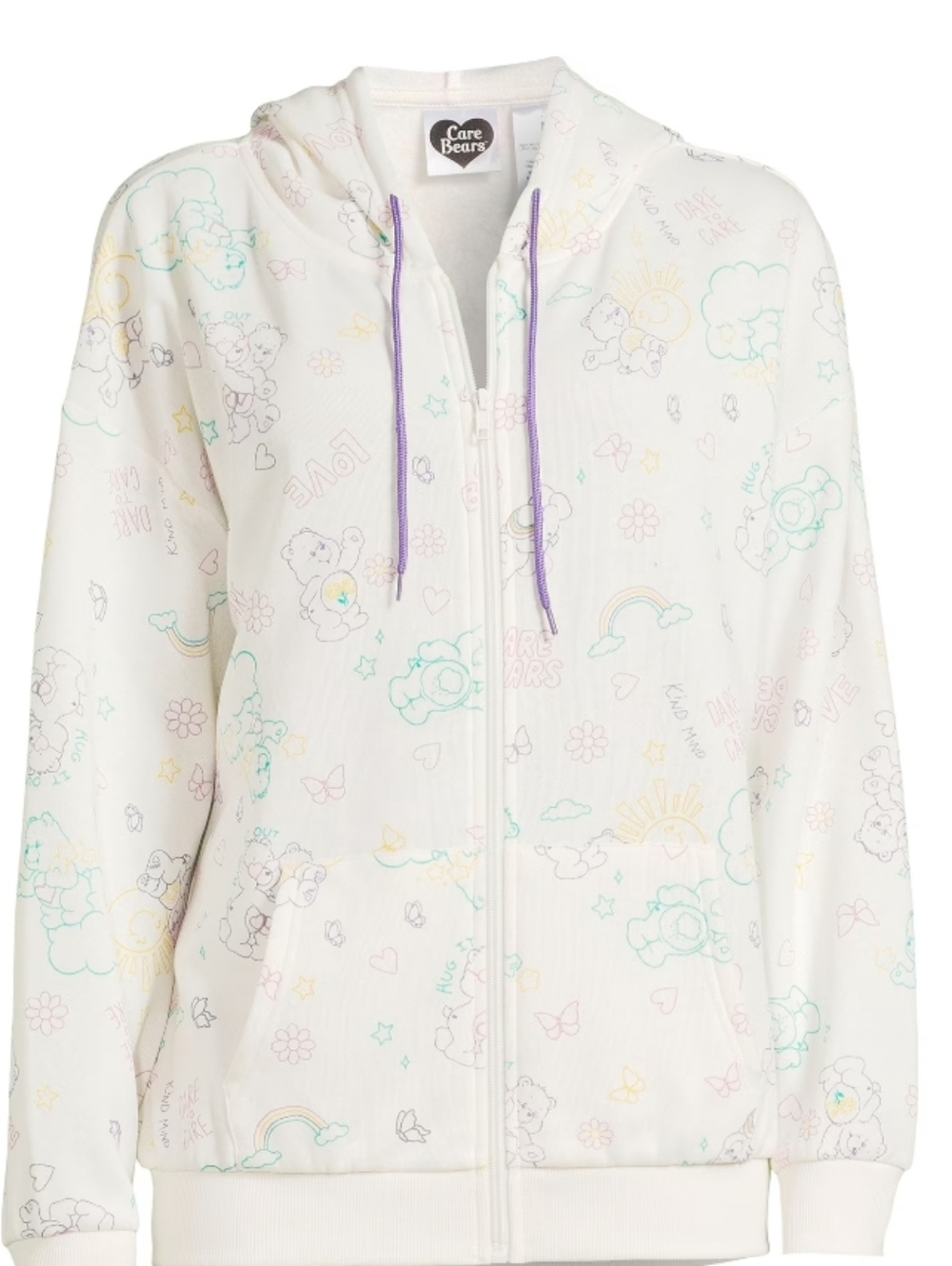 🤠🌻Care Bears White Zip-Up Hoodie with Pastel Print and Purple Drawstrings M